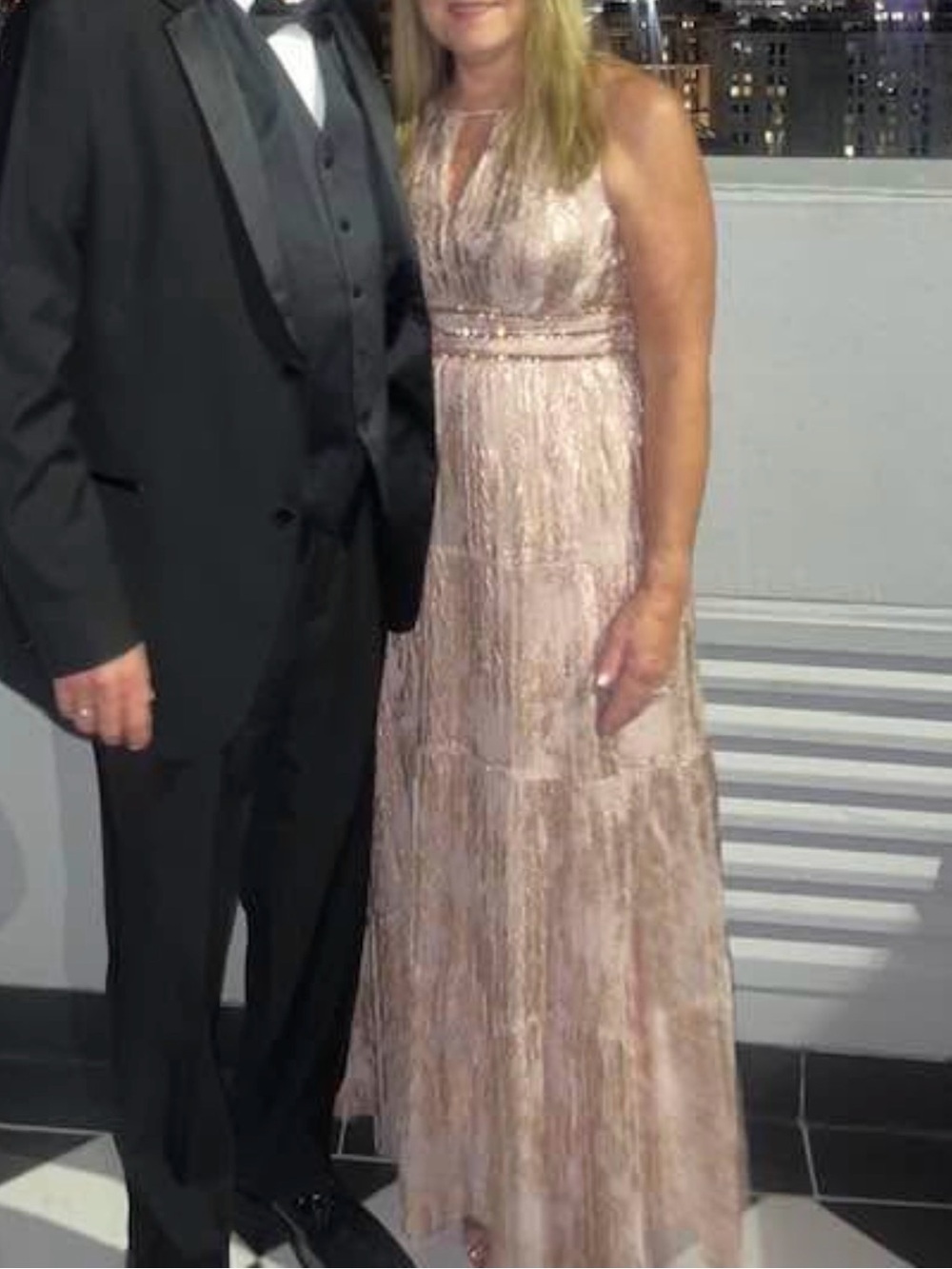R&M Richards Blush Pink Metallic Maxi Evening Gown